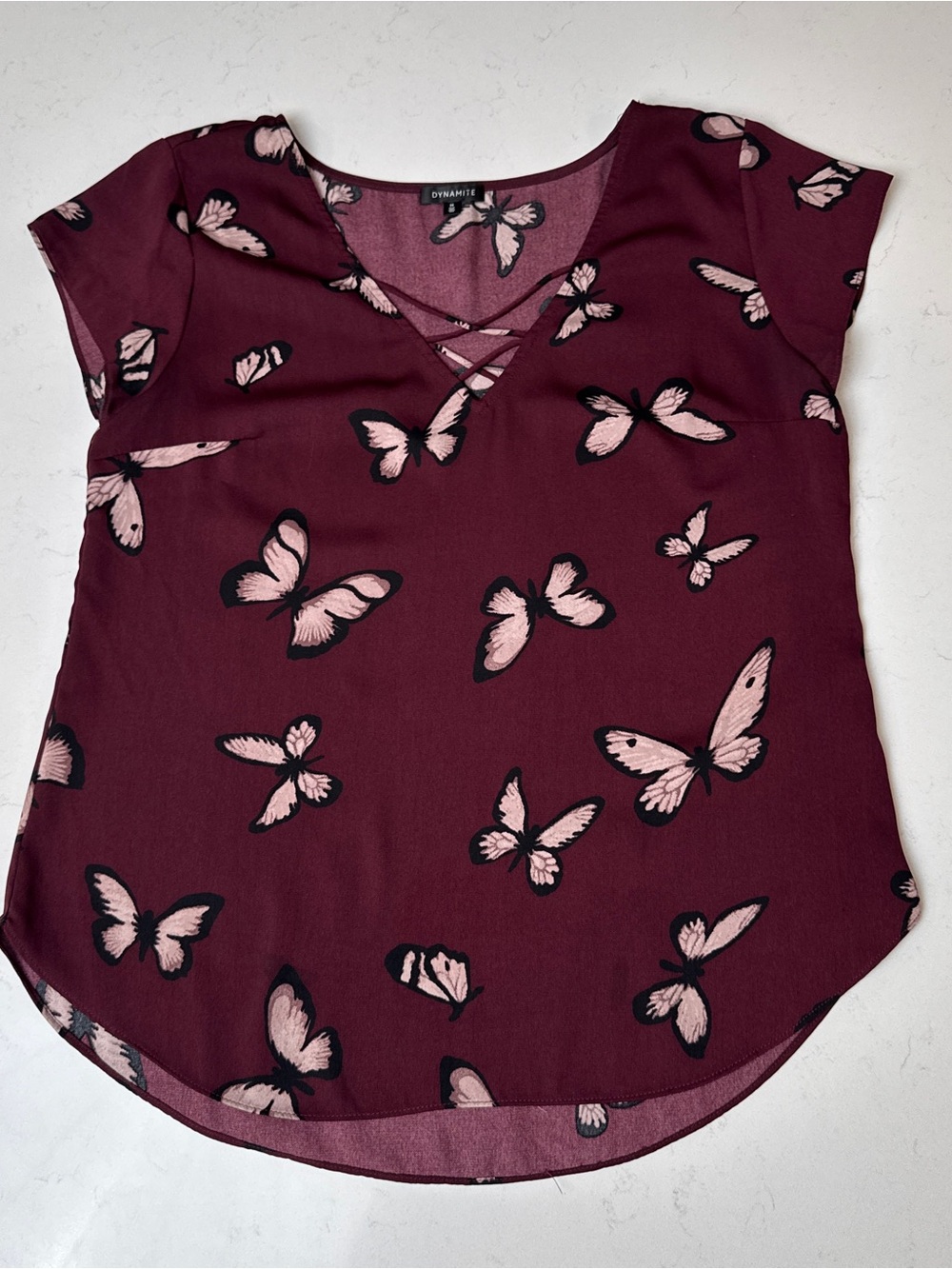 Dynamite Burgundy Butterfly Print V-Neck Short Sleeve Top